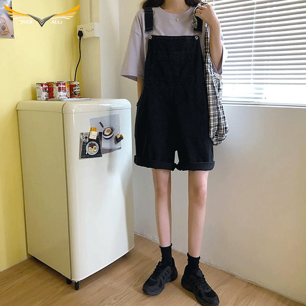 Black Denim Bib Overall Shorts