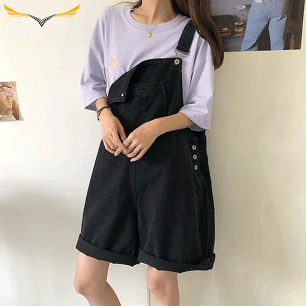 Black Denim Overall Shorts