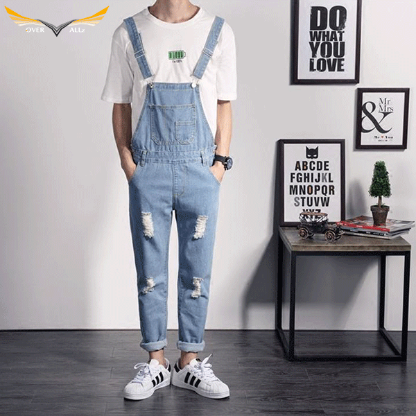 Blue Denim Ripped Overalls