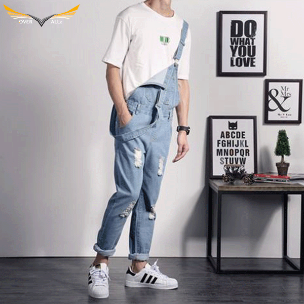 Light Blue Denim Ripped Overalls