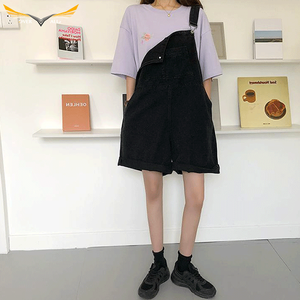 Women's Black Denim Overall Shorts