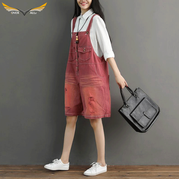 Red Dungaree Shorts Women's